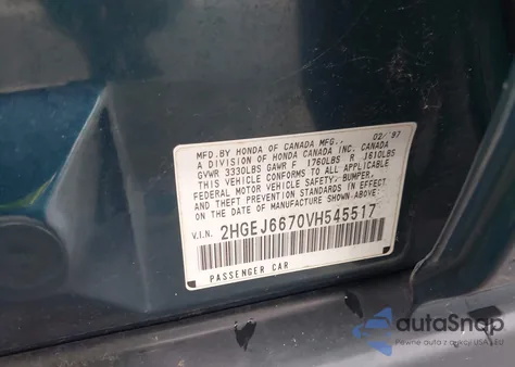 1997 Honda Civic Lx z USA, uszkodzony, nr VIN 2HGEJ6670VH545517